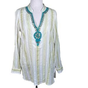 Soft Surroundings Women’s Striped Cotton Tunic with Beads & Metal Accents Medium